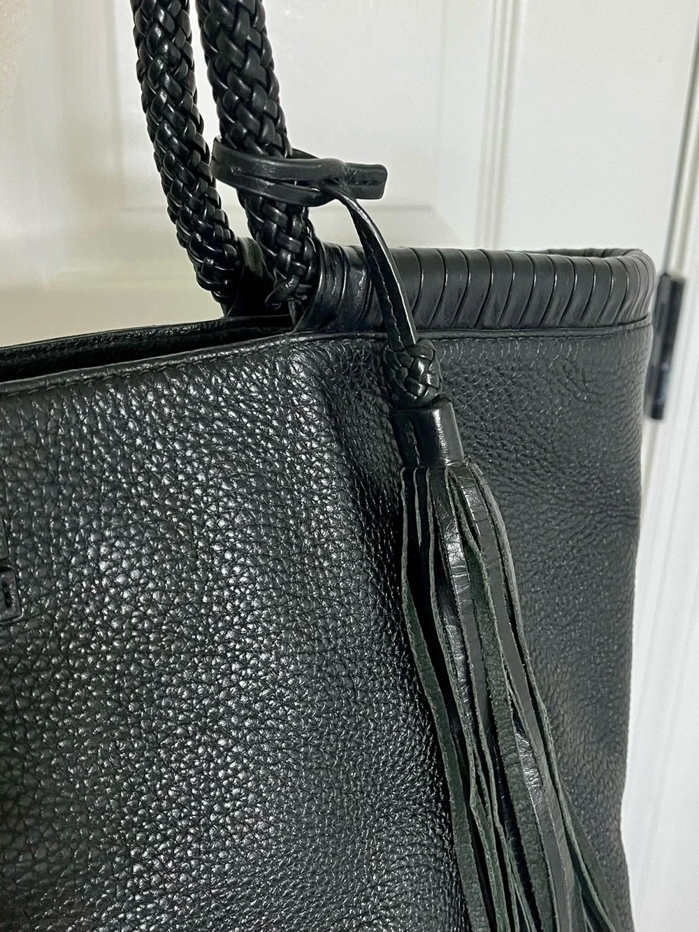Tory Burch Black Pebbled Leather Braided-Handle Tote with Magnetic Closure